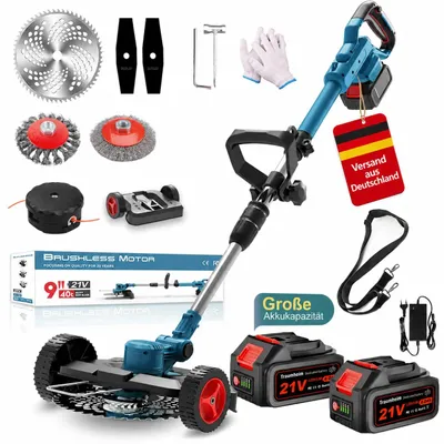 Produktbild von Akku-Rasentrimmer 21V 750 W, bürstenloser 4-in-1 Freischneider, 2 Akkus je 4,0 Ah mit Ladegerät, 18.000 U/min, Teleskopstiel 102–142 cm, 90°-Kopf
