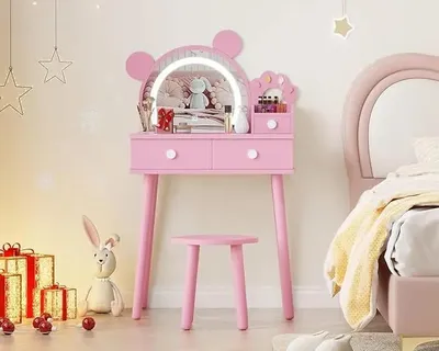 Produktbild von Kinderschminktisch mit Stuhl - Frisiertisch - Bärenförmiger LED-Spiegel - Touch-Bedienung - Kunststoff - Zum Zusammenbauen - Gelb
