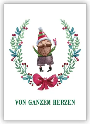 Produktbild von 4x Süße handgemalte Weihnachtskarte mit Weihnachtskranz und Geschenke Wichtel: Von ganzem Herzen