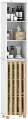 Image de HOMCOM Colonne salle de bain, meuble salle de bain rangement, meuble de rangement avec porte à lattes en bambou et compartiments ouverts, armoire haute pour salon, cuisine - 35 x 26 x 173 cm, blanc