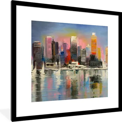 Produktbild von MuchoWow® Gerahmtes Poster Gemälde - Öl - Skyline - Wasser 40x40 cm - Poster mit Schwarzem Bilderrahmen Wandposter Rahmen Foto Bilder - Poster - Plakat im Rahmen