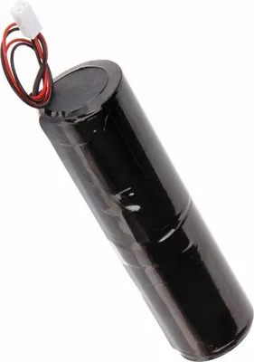 A black cylindrical battery with red and black wires and a white connector.