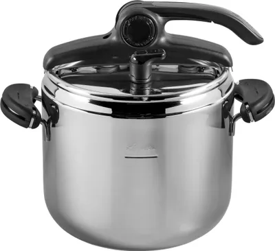 A studio shot of a stainless steel pressure cooker with black handles and lid.