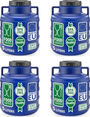 Produktbild von 4er Set Weithalsfass Sauerkrautfass Fasssilage Regen Fass Gepäcktonne Camping 5 Liter mit Deckel blau