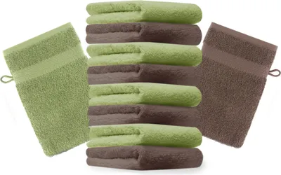 Produktbild von Betz 10 Stück Waschhandschuhe 16x21 cm PREMIUM 100% Baumwolle  Farbe: apfelgrün und nussbraun
