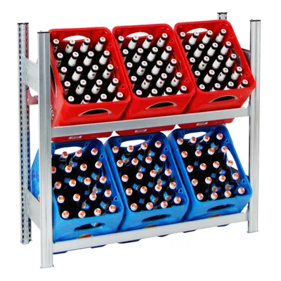 A metal shelving unit holding multiple crates of bottled beverages.