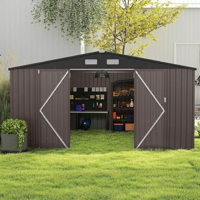 A metal garden shed with its doors open, revealing storage shelves and a workbench inside. The shed is situated on a green lawn with trees and a white fence in the background.