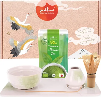 Produktbild von Matcha Set "Shiro" mit Schale, Besen, Besenhalter & Keramik-Tablett + Matcha & Cocos – stilvolles Komplettset für Matcha-Liebhaber