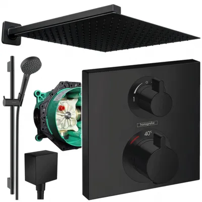 Produktbild von Hansgrohe und Jowi Unterputz Duschsystem Ecostat Square Thermostat, Schwarz, Duscharmatur mit Kopfbrause, 650mm Brausestange