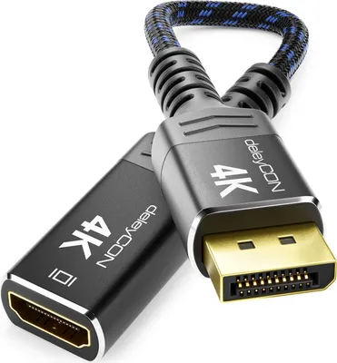 Produktbild von deleyCON 10cm DisplayPort auf HDMI Adapterkabel (Für HDMI Monitor/TV/Beamer) - 1080P@60Hz / 1440P@60Hz / 4K@30Hz - Stecker auf Buchse - für DP Computer PC Grafikkarte - Schwarz