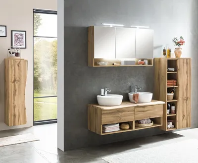 Produktbild von Badezimmer Set KAHLA-03 in Wotan Eiche Nb. mit Baumkantenoptik inkl. Waschbecken und LED Beleuchtung, B/H/T: ca. 201/200/52 cm