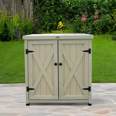 Produktbild von HABAU Gartenschrank Laura, Massivholz Fichte Grau, 80x45x92 cm, mit integriertem Pflanztisch, wetterfest lasiert, 1 Einlegeboden, Landhausstil, diagonale Verstrebungen, Füße mit Kunststoffhülsen, Stauraum für Gartengeräte & Grillzubehör