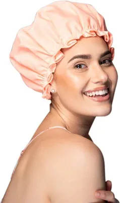 Produktbild von Famanu Duschhaube für Damen mit doppelter Wasserdichter Schicht - wiederverwendbar - für kurzes und langes Haar - Pfirsich
