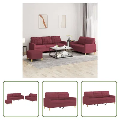 Produktbild von The Living Store 3-tlg. Sofagarnitur mit Kissen Weinrot Stoff