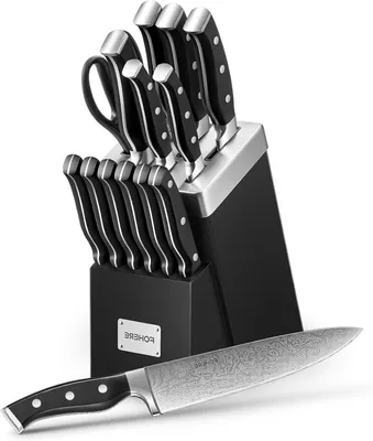 Immagine prodotto di Set di coltelli da cucina - Set di coltelli con supporto - Per cucinare e tagliare - Affilacoltelli integrati - 14 pezzi - Nero