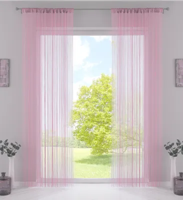A window with pink string curtains, showing a green tree and blue sky outside.