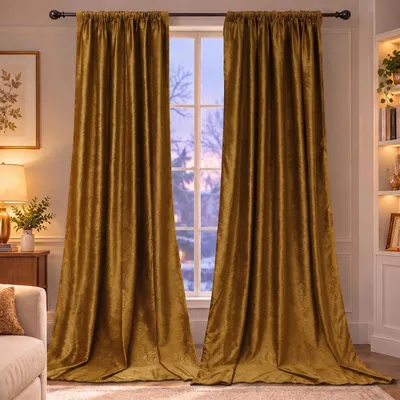 Produktbild von Samt Vorhang 2er Set Verdunkelung Gardine Thermovorhang Luxus Marokko Gemustert Dekoschal für Wohnzimmer Schlafzimmer, B132xH183cm, Honiggelb