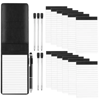 Zdjęcie produktu dla Zestaw notesów A7, 19 sztuk, miniaturowe notesy z 12 zapasowymi blokami, skóra PU, kolor czarny, z długopisem i 5 zapasowymi wkładami