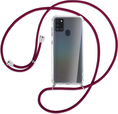 Produktbild von Handykette Backcover-Schutzhülle mit Band (Metall silberfarben) für Samsung Galaxy A21s - dunkelrot