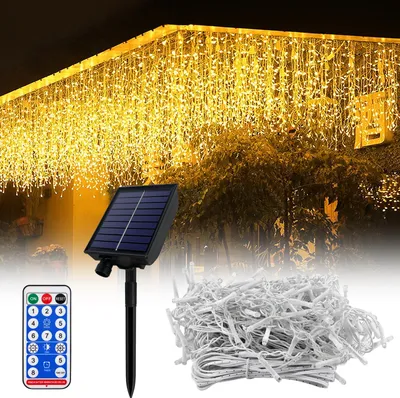 Productafbeelding van XINZI Solar LED-sfeertjes, 15 meter, 600 LED's - IJskristalvormige lampjes, warm wit licht, 13 lichtmodi, timerfunctie, geschikt voor tuin, balkon, terras, feestjes en kerstdecoratie
