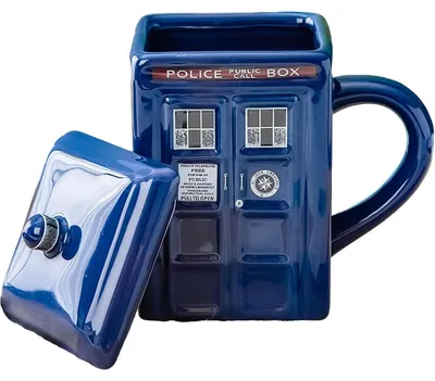 Productafbeelding van Keramische mok met deksel, vierkant, 450 ml, blauw, design "Politiebox"