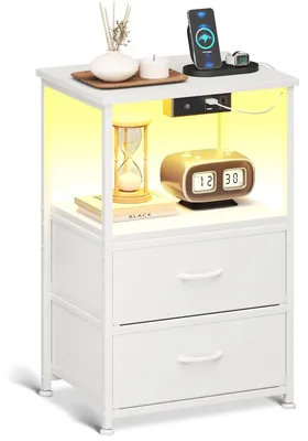 Nachtkästchen mit LED, USB und Steckdosen, 2 Stoffschubladen, Weiß