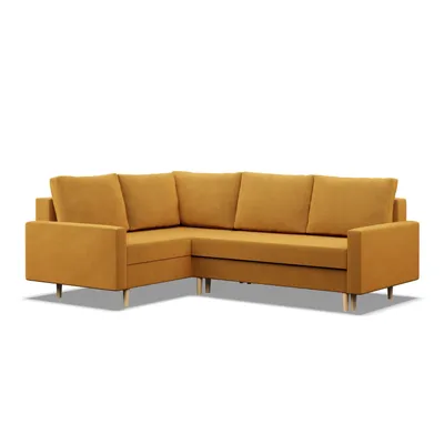 A yellow corner sofa is shown against a white background.