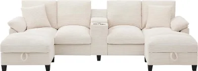 Produktbild von Merax 4-Sitzer U-förmiges Ecksofa, mit Bettkasten, Stauraum, Getränkehaltern, USB, Kissen, Modulares Sofa, Cordbezug, Couch, Couchgarnitur, Beige