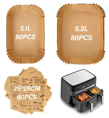 Produktbild von 240 Blatt Backpapier für Heißluftfritteusen. Backpapier für Tefal/Moulinex 8,3-Liter-Heißluftfritteusen. Backpapier für Tefal EY9018 und EY905D Dual (5,2 l und 3,1 l). Backpapier für Moulinex EZ9018 (5,2 l und 3,1 l).