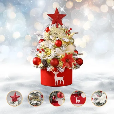 Immagine prodotto di Piccola decorazione natalizia artificiale - mini albero di Natale con illuminazione a LED e accenti rossi.