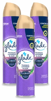 Imagen del producto de 3 aerosoles ambientadores Glade, aroma lavanda y aloe, 300 ml, pack ahorro, 3 unidades