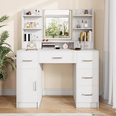 Image de Coiffeuse avec Miroir LED Réglable, 2 Tiroirs + 2 Portes, Prise EU et Support Sèche-Cheveux – Design Moderne et Pratique