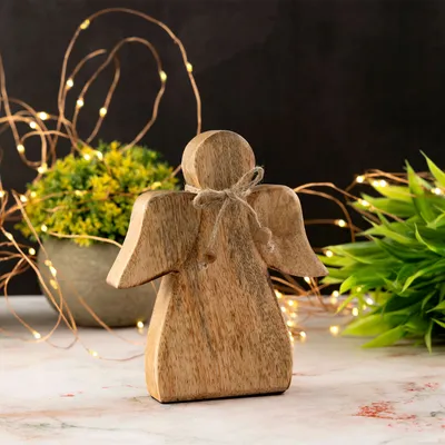 Produktbild von Dekofigur Engel Holzfigur 15x13cm Glücksengel Weihnachtsdekoration Mangoholz