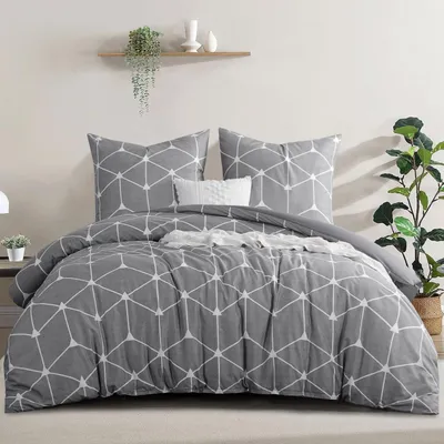 Obrázok produktu pre Sada posteľnej bielizne 200x220, 3-dielna, svetlosivá, geometrický vzor, mikrovlákno, so zipsom