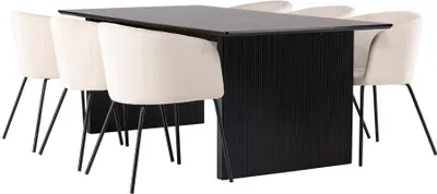 Produktbild von Vail Essgruppe Tisch schwarz und 6 berit Stühle beige.