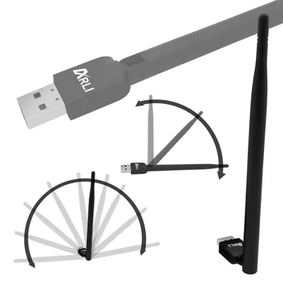 A collage of images showing a USB WLAN adapter and its adjustable antenna.