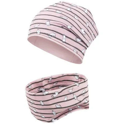 Produktbild von Übergangsmütze + Schlauchschal Beanie Stoffmütze Mädchenmütze im Set Loop, Gr. 46-48, Rosa-Katzen
