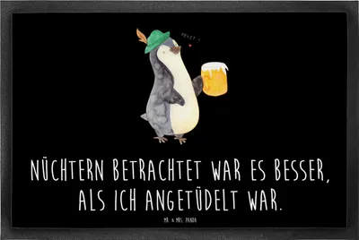 Produktbild von Mr. & Mrs. Panda fußmatte Pinguin Bier 60 x 90 cm - Schwarz - Geschenk, Angetüdelt, Schmutzfangmatte, Schmutzfänger, Beschwippst, , Gummi-Fußmatte