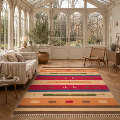 Produktbild von Baumwolle Natur Kelim Teppich Lina Bunt Modern, Größe:70x140 cm, KI-generiertes Bild