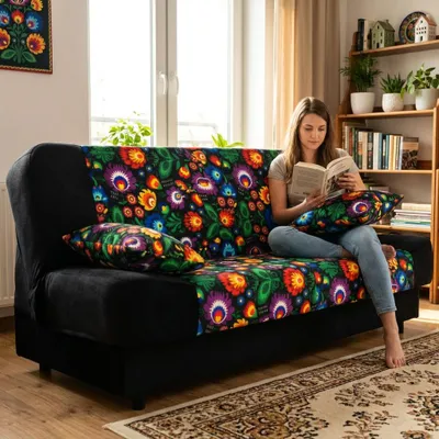 Produktbild von Schlafsofa SARA Print DUO – mit Schlaffunktion, Webstoff in Schwarz, Family Meble, KI-generiertes Bild