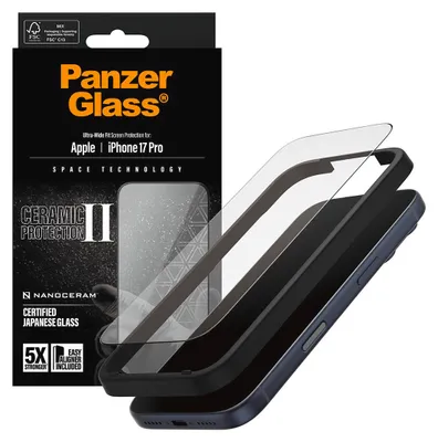 Obrázok produktu pre PanzerGlass ® Ceramic II Screen Protector iPhone 17 Pro | Ultra-Wide Fit w. EasyAligner, Apple, Apple - iPhone 17 Pro, Suché aplikovanie, Odolné proti poškriabaniu, Odolný proti nárazom, Priehľadná, 1 kusov