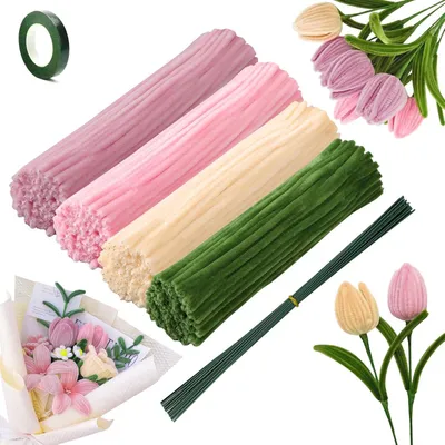 Produktbild von 240Pcs Pfeifenreiniger, Chenille Draht in 4 Farben, 15 grüne Blumenstiele, für Tulpenstrauß Basteln