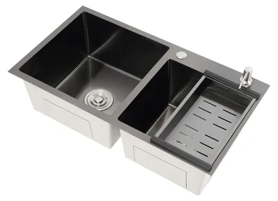 Obrázek produktu pro Dvojitý dřez do kuchyně s dávkovačem mýdla – černá/šedá barva – nerezová ocel 304 – rozměry 78x43x22 cm