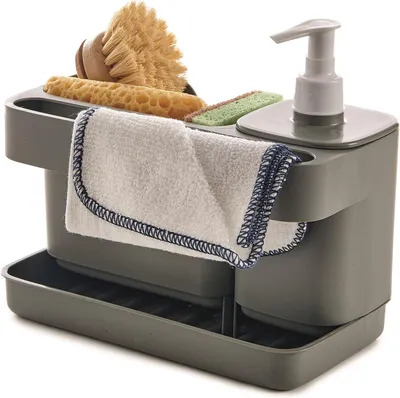 Productafbeelding van Sponshouder met dispenser - Grijs - Spoelbakorganizer grijs - Opbergdoos voor keukengerei 12L x 18B x 21H cm - Gemaakt in Italië - 0% BPA