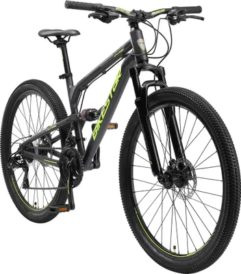 Produktbild von BIKESTAR Vollgefedert Aluminium Mountainbike 26 Zoll, 21 Gang Shimano Schaltung mit Scheibenbremse | 16 Zoll Rahmen Fully MTB Erwachsenen- und Jugendfahrrad | Schwarz
