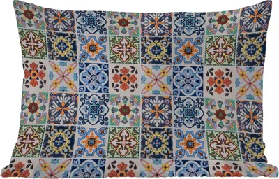 Produktbild von MuchoWow® Outdoor Kissen - Design - Blumen - Orange - Blau - Abstrakt - 50x30 cm - Wetterfest - Lounge Kissen - Sofa kissen - Wohnzimmer Dekoration