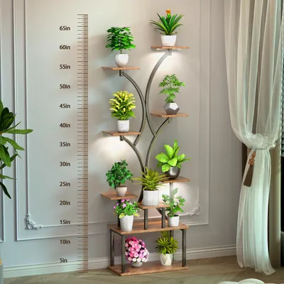Produktbild von Metallener Pflanzenständer mit 9 Ebenen und Pflanzenlampen, 152,4 cm hoch, für Wohnzimmer und Terrasse.