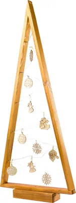 A wooden A-frame Christmas tree decorated with small wooden ornaments and LED lights, presented against a white background.