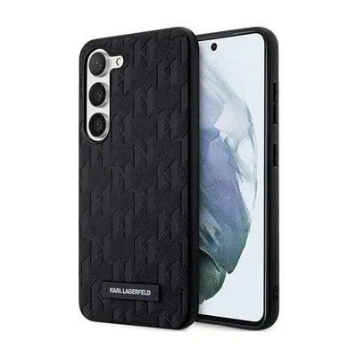 A black Karl Lagerfeld phone case is shown on a white background, partially covering a smartphone.