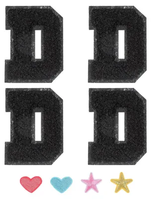 Produktbild von Chenille-Buchstaben-Aufnäher zum Aufbügeln - Alphabet-Applikationen für Kleidung und Textilien - Schwarz - Buchstabe D - 4 Stück